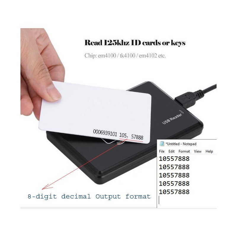เครื่องอ่านบัตรประจำตัว ไร้คนขับ เอาต์พุต 10 หลัก / 8 หลัก อินเตอร์เฟซ USB 125kHz / ผู้ผลิตบัตรควบคุมการเข้าถึง เครื่องอ่านบัตรประจำตัว ไร้คนขับ เอาต์พุต 10 หลัก / 8 หลัก อินเตอร์เฟซ USB 125kHz / ผู้ผลิตบัตรควบคุมการเข้าถึง