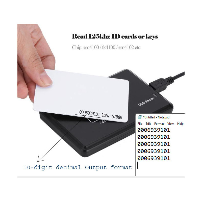 125kHz RFID Reader TK4100/EM4100 USB Plug-and-Play 125kHz RFID Reader TK4100/EM4100 USB Plug-and-Play